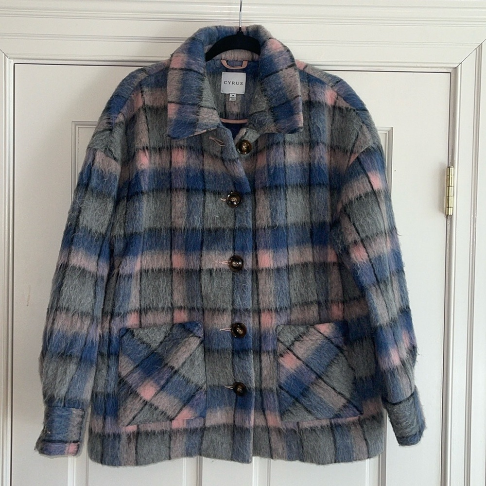 Cyrus jacket shacket blazer fuzzy medium blue pink gray periwinkle